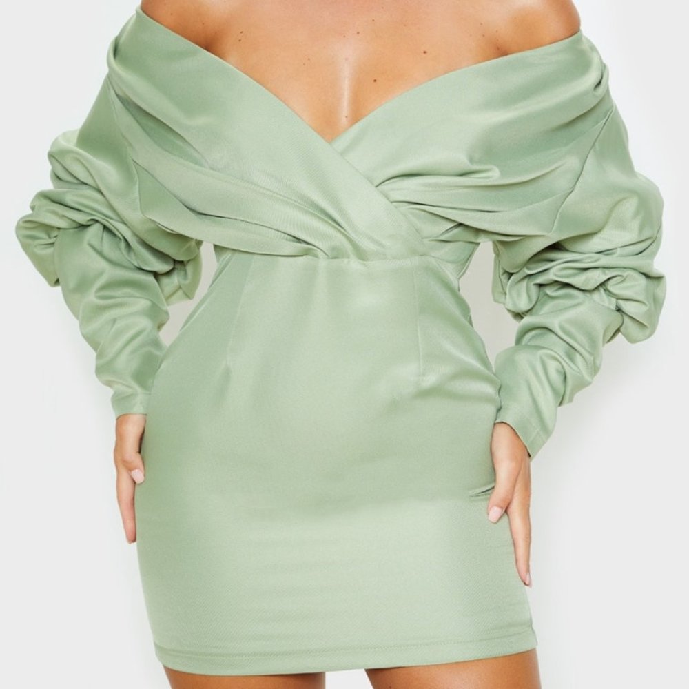 Sage Green Off The Shoulder Ruched Bodycon Dress